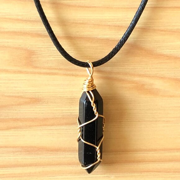 Black Obsidian Natural Gemstone Hexagonal Point Gold Wire Wrapped Pendant - Picture 1 of 3